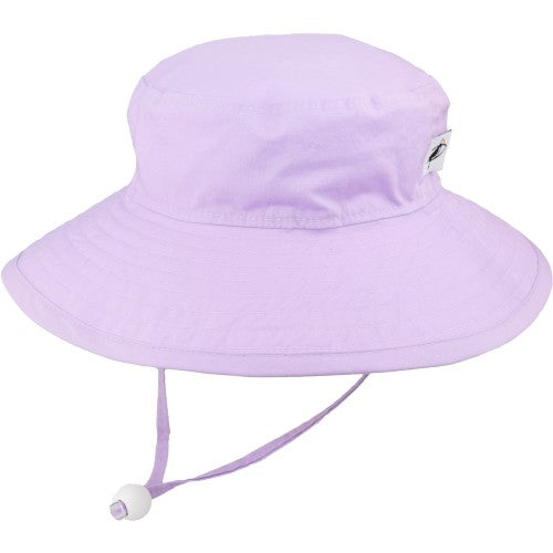 UPF 50+ Sun Protection-Puffin Gear Organic Cotton Wide Brim Child Sunbaby Hat with Chin Tie, Cord Lock and Safety Break Away Clip-Made in Canada-Lavender