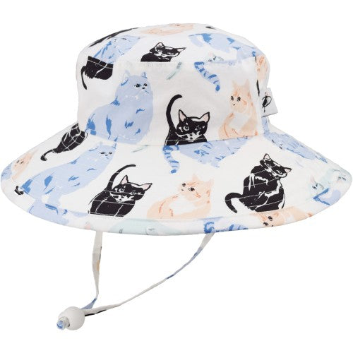 Puffin Gear Organic Cotton Wide Brim Sunbaby Hat-UPF50+ Sun Protection-Chin Tie with Toggle and Safety Break Away Clip-Machine Washable-Beautiful Prints-Brims Don&#39;t Flop-Made in Canada-Garden Cats