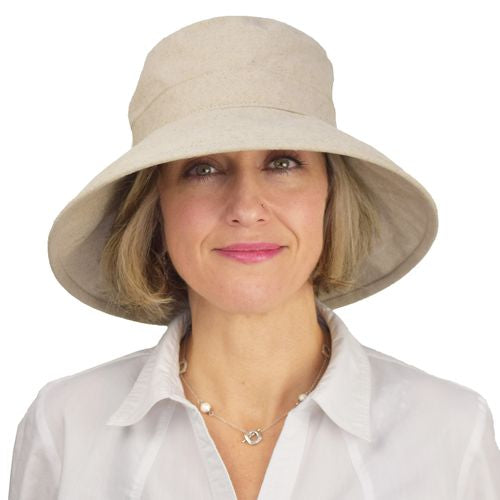 Linen -Cotton Blend Wide Brim Garden Hat-Rugged Hat  Rated UPF50+ Sun Protection-Briim doesn't flop-packs flat for travel-Made in Canada by Puffin Gear-Natural