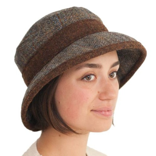 Puffin Gear Harris Tweed Ladies Derby Brimmed Hat - Made In Canada-Peat Herringbone/Copper Heather-Three inch wide brim for winter sun protection