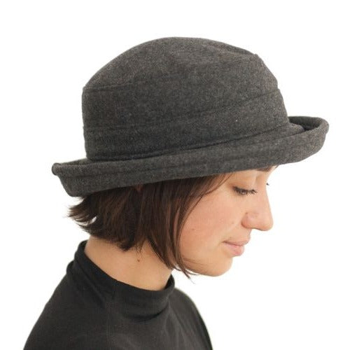Puffin Gear Melton Wool Bowler Hat - Made in Canada-Three inch wide brim for winter sun protection. brim rolls up or down-water resistant-warm-ladies  hat-Charcoal