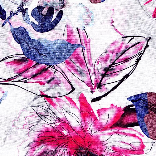 Lightweight printed linen with azalea and denim blue floral watercolour